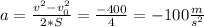 a = \frac{v^{2}-v_{0}^{2}}{2*S} = \frac{-400}{4} =-100 \frac{m}{s^{2}}