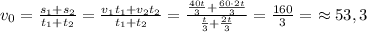 v_0= \frac{s_1+s_2}{t_1+t_2} = \frac{v_1t_1+v_2t_2}{t_1+t_2} = \frac{ \frac{40t}{3}+ \frac{60\cdot2t}{3}}{ \frac{t}{3}+ \frac{2t}{3}} =&#10;\frac{160}{3} =\&#10;\approx53,3