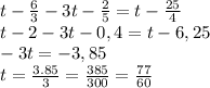 t- \frac{6}{3} - 3t- \frac{2}{5} = t- \frac{25}{4}&#10;\\\&#10;t- 2 - 3t-0,4 = t-6,25&#10;\\\&#10; - 3t = -3,85&#10;\\\&#10;t= \frac{3.85}{3}= \frac{385}{300}= \frac{77}{60}