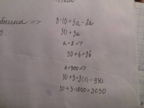 Обчисліть значення виразу 3*10+5а-2а,якщо 1)а=2,2)а=300 3)а=1000 напишіть будь-ласка розв'язання