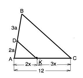 Втреугольнике abc на стороне ab взята точка d так что ad: db = 2 : 3.через точку d проведена прямая