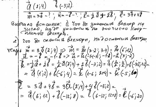 Даны вектора а(2; 4) и в(-3; 2)найдите координаты векторов : а) m=3a б)n=-b в)k=1/2 a + 2b г) l= 3a+