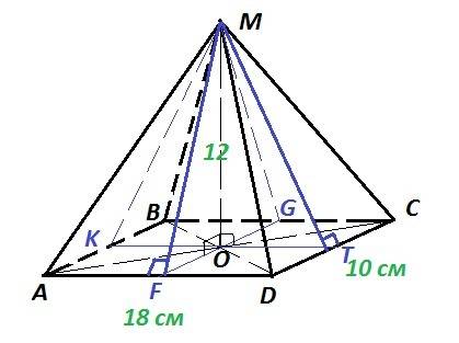 Основанием пирамиды является пряммоугольник со сторонами 18см и 10см. основанием высоты пирамиды, ра