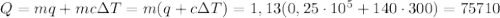 Q=mq+mc\Delta T=m(q+c\Delta T)=1,13 (0,25\cdot 10^5+140\cdot 300)=75710