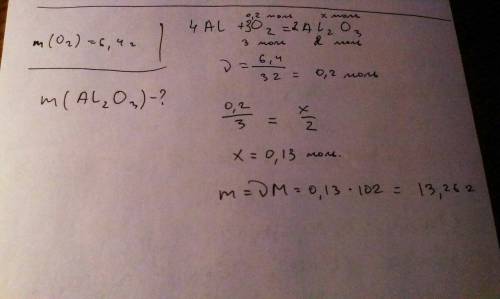 Вычислите массу оксида алюминия, которые образуются при взаимодействии 6,4 гр. кислорода (o2) с алюм