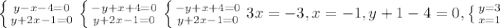 \left \{ {{y-x-4=0} \atop {y+2x-1=0}} \right. \left \{ {{-y+x+4=0} \atop {y+2x-1=0}} \right. \left \{ {{-y+x+4=0} \atop {y+2x-1=0}} \right. 3x=-3, x=-1, y+1-4=0, \left \{ {{y=3} \atop {x=1}} \right.