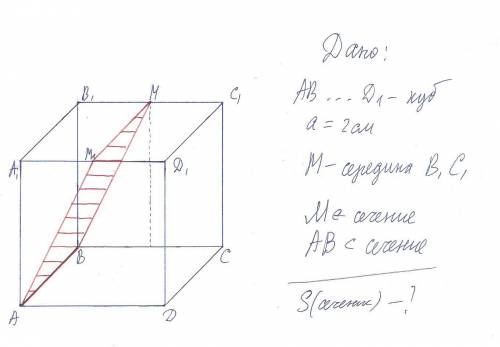 Найти площадь сечения плоскостью куба проходящей через ребро ав и середину ребра в1с1, если ребро ку