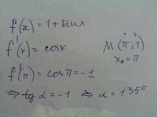 Найти угол наклона касательной к графику функции f(x)= 1+ sin x, проведенной в точке м(п; 1)