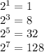 2^1=1\\2^3=8\\2^5=32\\2^7=128