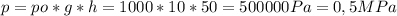 p=po*g*h=1000*10*50=500000Pa=0,5MPa