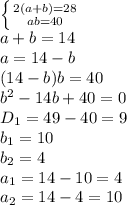 \left \{ {{2(a+b)=28} \atop {ab=40}} \right. &#10;\\\&#10;a+b=14&#10;\\\&#10;a=14-b&#10;\\\&#10;(14-b)b=40&#10;\\\&#10;b^2-14b+40=0&#10;\\\&#10;D_1=49-40=9&#10;\\\&#10;b_1=10&#10;\\&#10;b_2=4&#10;\\\&#10;a_1=14-10=4&#10;\\\&#10;a_2=14-4=10