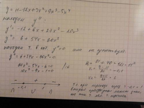 Найдите промежутки выпуклости, вогнутости функции и точки перегиба y=11-12x+3x^2+9x^3-5x^4