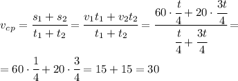 v_c_p= \cfrac{s_1+s_2}{t_1+t_2} = \cfrac{v_1t_1+v_2t_2}{t_1+t_2} =&#10;\cfrac{60\cdot\cfrac{t}{4}+20\cdot\cfrac{3t}{4}}{ \cfrac{t}{4}+ \cfrac{3t}{4} } = \\\ =60\cdot\cfrac{1}{4}+20\cdot\cfrac{3}{4}=15+15=30