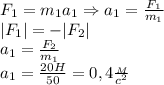 F_1=m_1a_1\Rightarrow a_1= \frac{F_1}{m_1} \\&#10;|F_1|=-|F_2|\\&#10;a_1= \frac{F_2}{m_1}\\&#10;a_1= \frac{20H}{50}=0,4 \frac{_M}{c^2} &#10;