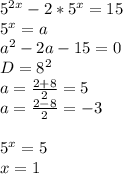 5^{2x}-2*5^{x}=15\\&#10;5^x=a\\&#10;a^2-2a-15=0\\&#10;D=8^2\\&#10;a=\frac{2+8}{2}=5\\&#10;a=\frac{2-8}{2}=-3\\&#10;\\&#10;5^x=5\\&#10;x=1