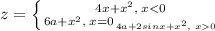 z= \left \{ {{4x+x^2,\; x<0} \atop {6a+x^2,\; x=0} { \atop { {4a+2sinx+x^2,\; x0}}} \right. &#10;