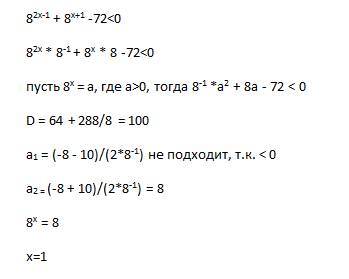 Решите неравенство: 8^(2x-1) + 8^(x+1) -72< 0