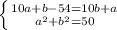 \left \{ {{10a+b-54=10b+a} \atop {a^2+b^2=50}} \right.