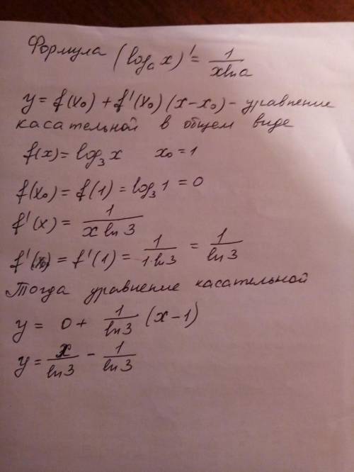 Суравнением касательной f(x)=log3 x, x0=1