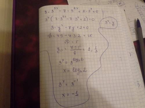 Решить уравнение 3*27^x-7*9^x+2*3^x=0