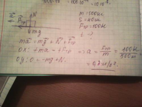 Тележка массой 500 кг проезжает путь 40 м до полной остановки под действием силы 100 н.сколько време