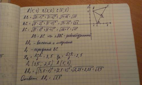 Даны координаты вершин треугольника авс: а(1; 4), в(2; 0), с(5; 5). докажите, что треугольник авс ра