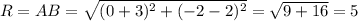 R=AB= \sqrt{(0+3)^2+(-2-2)^2}= \sqrt{9+16}=5