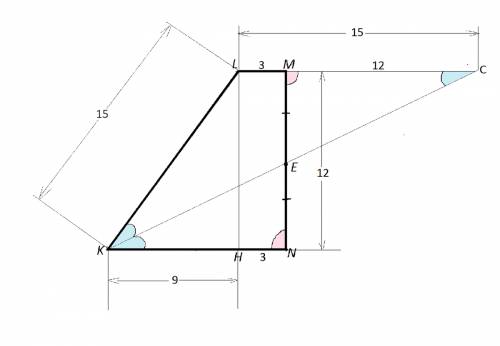 Боковые стороны kl и mn трапеции klmn равны соответственно 15 и 12, а основание lm=3. биссектриса уг