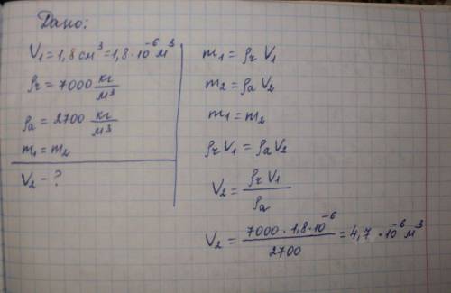Чугунная деталь имеет объем 1,8 см3. какой объем будет иметь алюминиевая деталь такой же массы?
