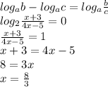 log_{a}b-log_{a}c= log_{a}\frac{b}{c}\\&#10; log_{2}\frac{x+3}{4x-5}=0\\&#10; \frac{x+3}{4x-5}=1\\&#10; x+3=4x-5\\&#10; 8=3x\\&#10; x=\frac{8}{3}