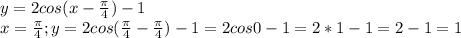 y=2cos(x- \frac{ \pi }{4} )-1\\&#10;x= \frac{ \pi }{4} ;y=2cos( \frac{ \pi }{4}- \frac{ \pi }{4})-1=2cos0-1=2*1-1=2-1=1