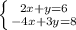 \left \{ {{2x+y=6} \atop {-4x+3y=8}} \right.