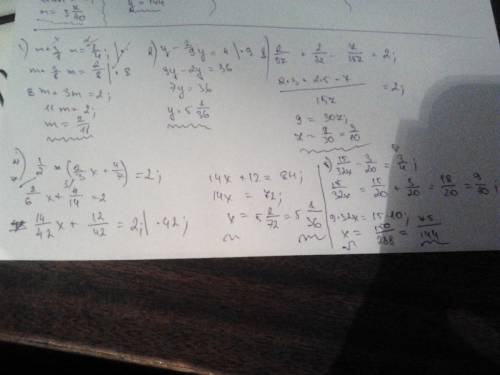 M+3/8m=1/4 y-2/9y=4 2/3 2/5z+2/3z-7/15z=2 1/2 3 1/2*(2/3x+4/7)=2 1/2 (5/8x-1/5)*3/4=3/4 3/5z+2/3z-3=