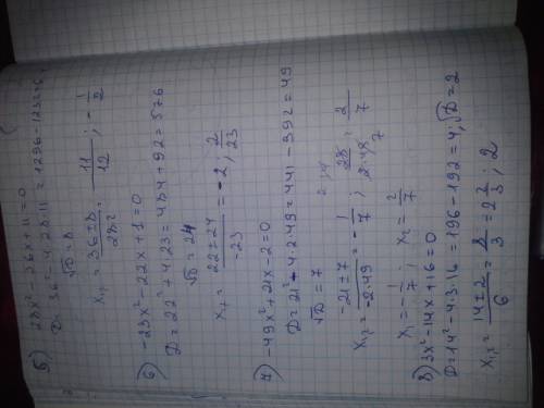 Решите уравнения: 1)5x^2+4x-1=0 2)3x^2+10x+7=0 3)16x^2-5=0 4)-7x^2-4x+11=0 5)28x^2-36x+11=0 6)-23x^2