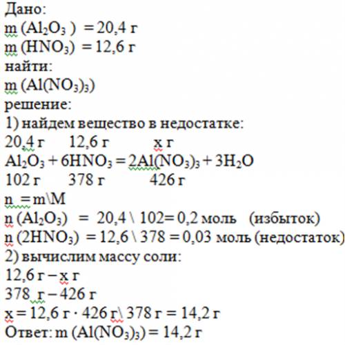 20,4 оксида алюминия реагируют с 12,6 г. азотной кислоты найти массу получившегося нитрата алюминия