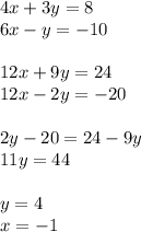 4x + 3y = 8 \\ 6x - y = - 10 \\ \\ 12x + 9y = 24 \\ 12x - 2y = - 20 \\ \\ 2y - 20 = 24 - 9y \\ 11y = 44 \\ \\ y = 4 \\ x = - 1