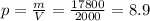 p=\frac{m}{V}=\frac{17800}{2000}=8.9