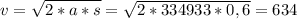 v= \sqrt{2*a*s} = \sqrt{2*334933*0,6} =634