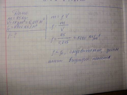 Стальнаядетальмассой75кгимеетобъем15дм3.определите,имеетли она внутриполость?