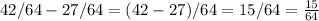 42/64-27/64 = (42-27)/64 = 15/64 = \frac{15}{64}