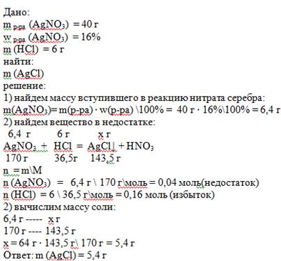 Ск 40 г раствора нитрата серебра с массовой долей 16% добавили 6 г соляной кислоты. определить массу