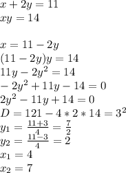 x+2y=11\\&#10;xy=14\\&#10;\\&#10;x=11-2y\\&#10;(11-2y)y=14\\&#10;11y-2y^2=14\\&#10;-2y^2+11y-14=0\\&#10;2y^2-11y+14=0\\&#10;D=121-4*2*14=3^2\\&#10;y_{1}=\frac{11+3}{4}=\frac{7}{2}\\&#10;y_{2}=\frac{11-3}{4}=2\\&#10;x_{1}=4\\&#10;x_{2}=7