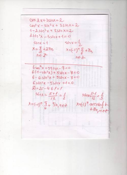 1.cos(2x)+ 3 sinx = 2. 2. 6cos^2 x+ 5sinx− 7 = 0.