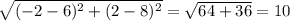 \sqrt{(-2-6)^2+(2-8)^2}=\sqrt{64+36}=10