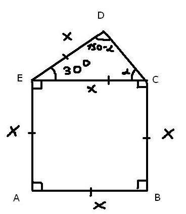 Ввыпуклом пятиугольнике abcd равны 4 стороны : ab=bc =de=ae . углы при вершинах a и b прямые , а при