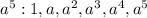 a^{5}:1,a, a^{2}, a^{3},a^4,a^5