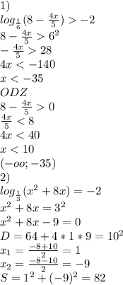 1)\\&#10;log_{\frac{1}{6}}(8-\frac{4x}{5})-2\\&#10;8-\frac{4x}{5}6^{2}\\&#10; - \frac{4x}{5}28\\&#10; 4x<-140\\&#10; x<-35\\&#10;ODZ\\&#10;8-\frac{4x}{5}0\\&#10;\frac{4x}{5}<8\\&#10;4x<40\\&#10;x<10\\&#10;(-oo;-35)\\&#10;2)\\&#10;log_\frac{1}{3}(x^2+8x)=-2\\&#10;x^2+8x=3^{2}\\&#10;x^2+8x-9=0\\&#10;D=64+4*1*9=10^2 \\&#10;x_{1}=\frac{-8+10}{2}=1\\&#10;x_{2}=\frac{-8-10}{2}=-9\\&#10;S=1^2+(-9)^2=82