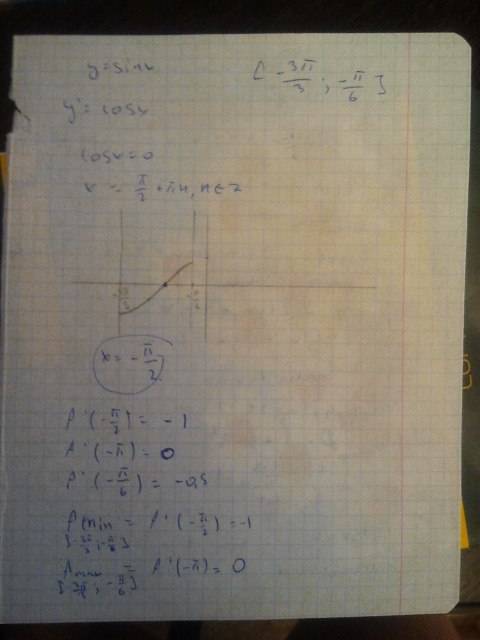 Найти наименьшее и наибольшое значение y=sin x [-3п/3; -п/6]