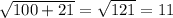 \sqrt{100+21}= \sqrt{121}=11