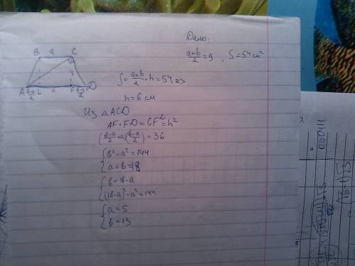 Дана равнобедренная трапеция, средняя линия которой = 9 см. площадь трапеции 54 см^2. диагонали перп